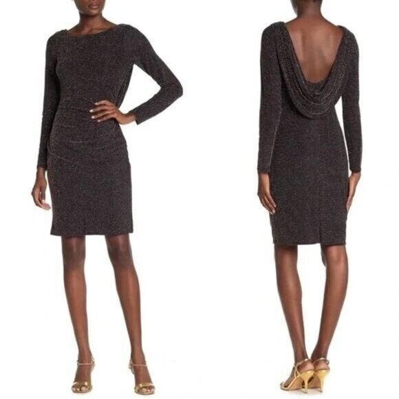 Marina Black & Gold Long Sleeve Scoop Back Mini Dress 6 - Picture 1 of 6